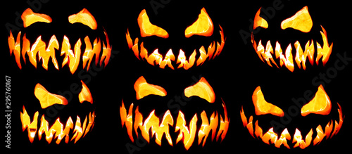 Obraz na płótnie Collection of scary Halloween pumpkin Jack o lantern faces glowing red and yello