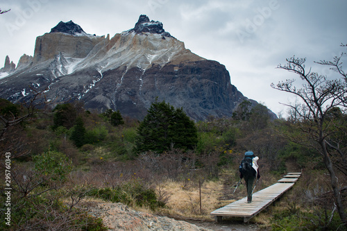 Hiker in Torres del Paine National Park, Chile.