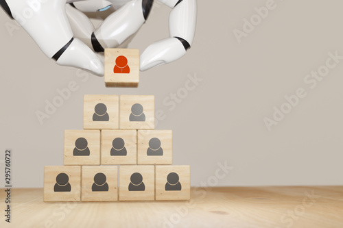 3d rendering robot hand put ,pick or choose the one who got idea or special or right man for job than other in human resources management (hrm) or recruitment in business concept