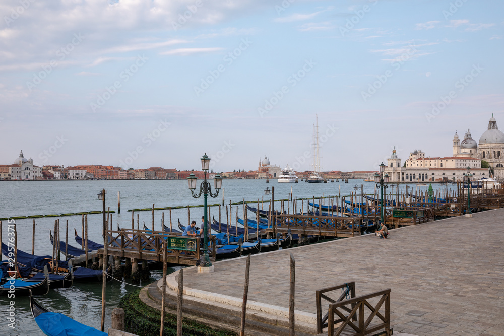 Panoramic view of Laguna Veneta coast of Venice city with gondolas