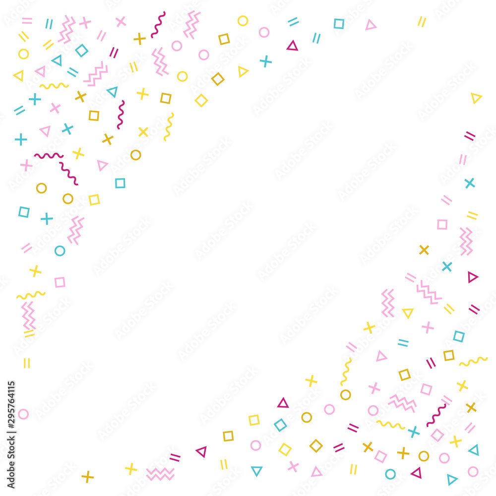 Memphis style geometric confetti vector background with triangle, circle, square shapes, chevron and wavy line ribbons. Memphis style geometric confetti vector background with triangle, circle, square shapes, chevron and wavy line ribbons.