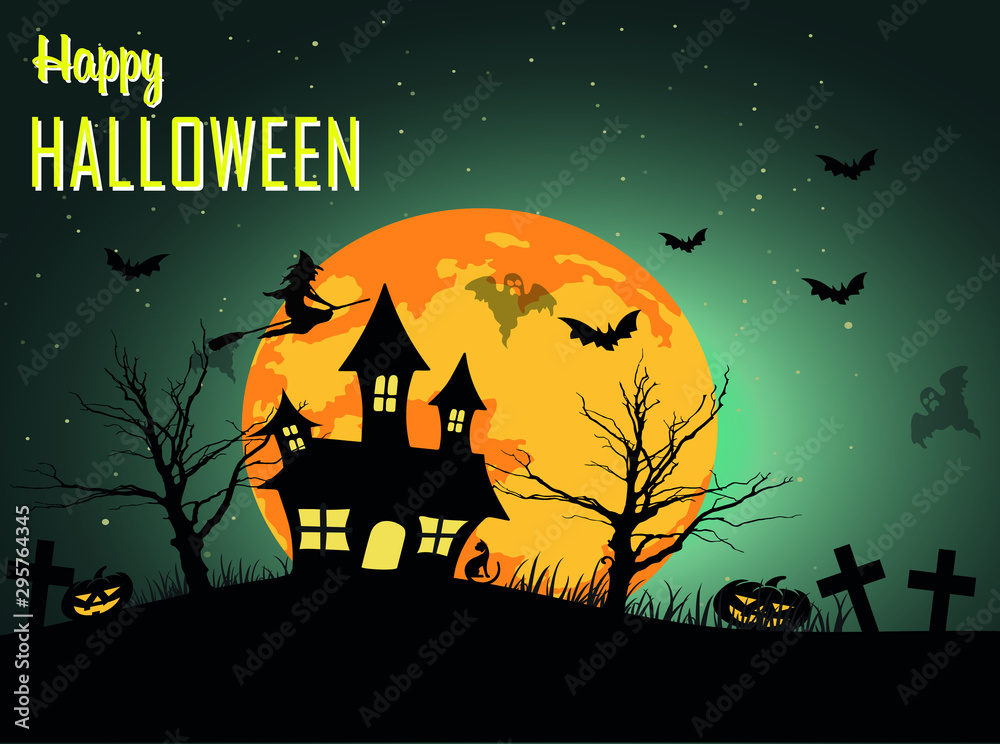 Halloween Fullmoon illustration, Witch, Haunted House, Ghost, Pumpkins and Bats.