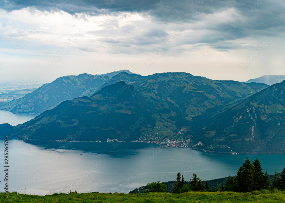 Switzerland, Panoramic view on green Alps and lake Lucerne near Gersau village - obrazy, fototapety, plakaty 