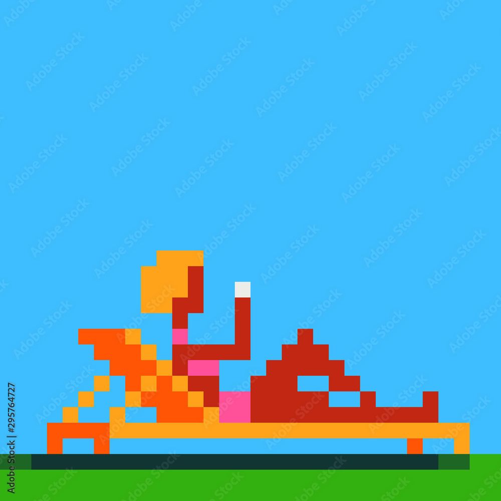 Girl sunbathing on a deck chair, relax, vacation time, pixel art vector illustration, design for logo, sticker, mobile app. Game assets 8-bit sprite.