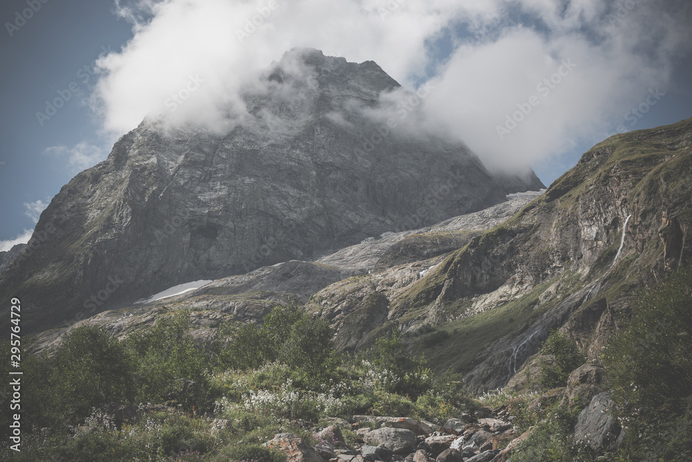 Panorama view of mountains scene in national park of Dombay, Caucasus, Russi