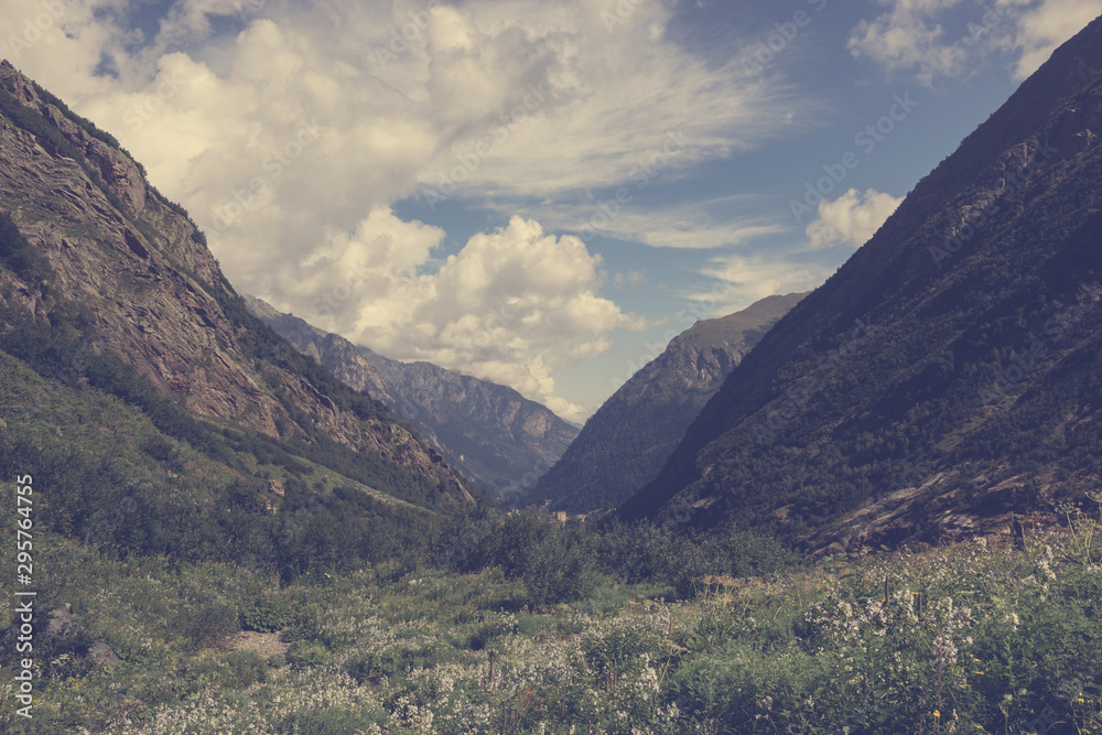 Panorama view of mountains scene in national park of Dombay, Caucasus, Russi Panorama view of mountains scene in national park of Dombay, Caucasus, Russi