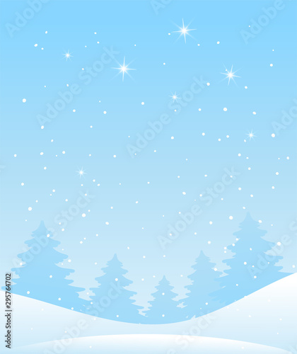Winter forest landscape. Christmas background for greeting card. Blue sky with snow and stars, snowy forest. Vector illustration in flat cartoon design. © Tanya