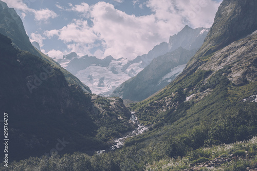 Panorama view of mountains scene in national park of Dombay  Caucasus  Russi