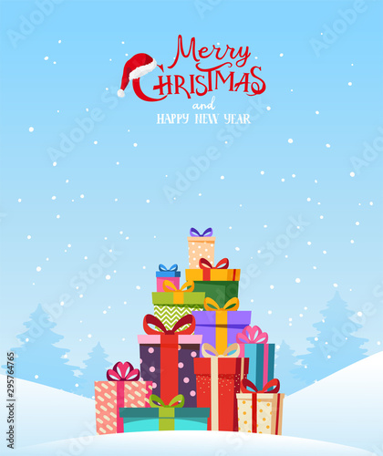 Winter forest with a large pile of gifts in the snow. Christmas card. Christmas background for congratulations. Stock vector in a flat cartoon style. © Tanya