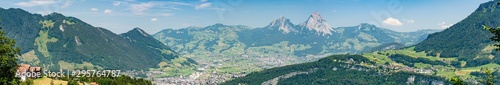 Switzerland, Panoramic view on green Alps and lake Lucerne from Seelisberg.