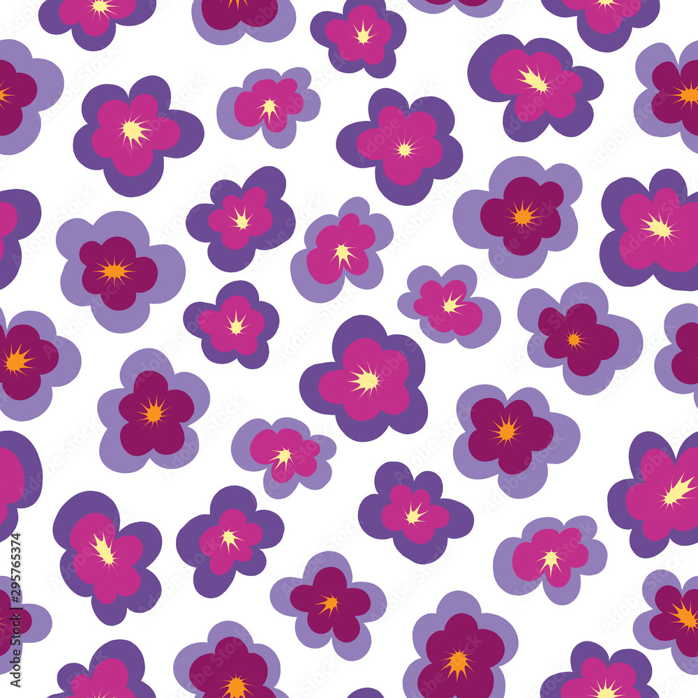 Seamless pattern with flowers. Raspberry, burgundy and violet pansies on a white background. Can be used for fabrics, curtains, upholstery and wallpaper. Vector illustration.