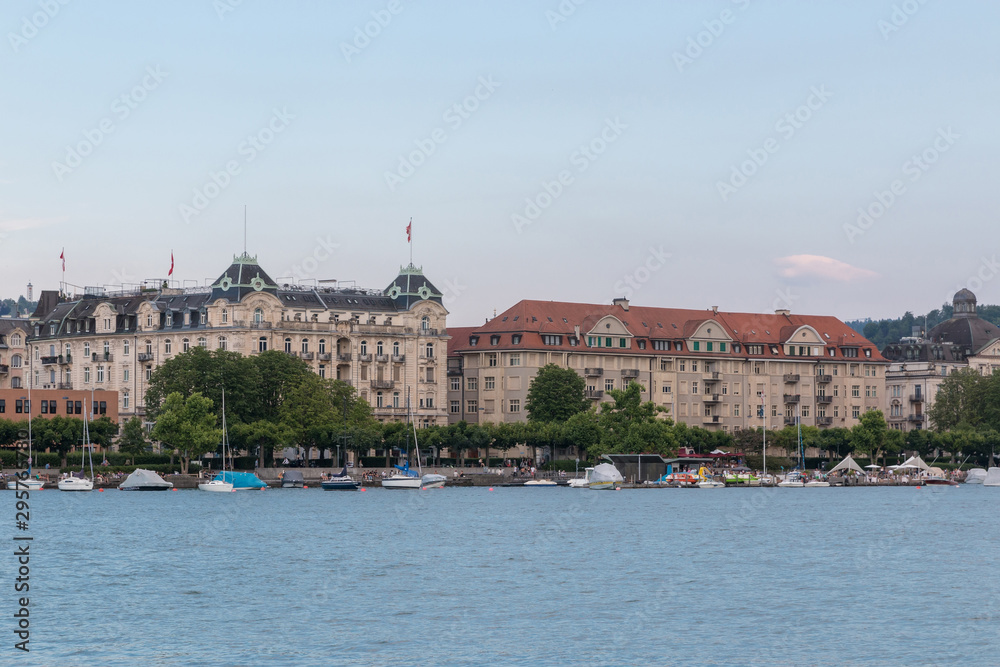 View on lake Zurich and opera house in historic center of Zurich city