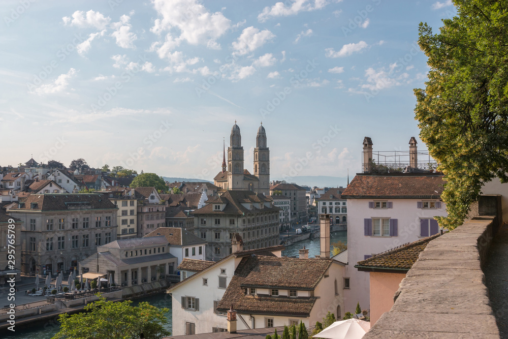 View of historic Zurich city and river Limmat from Lindenhof park, Zurich