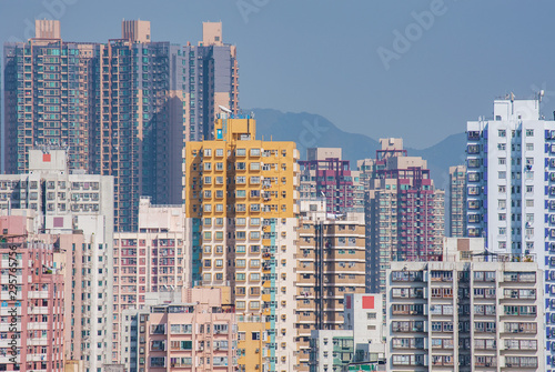 Crowded high rise residential building in Hong Kong city