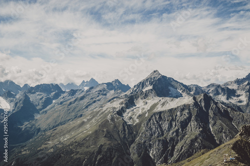 Panorama view of dramatic sky and mountains scene in national park Dombay