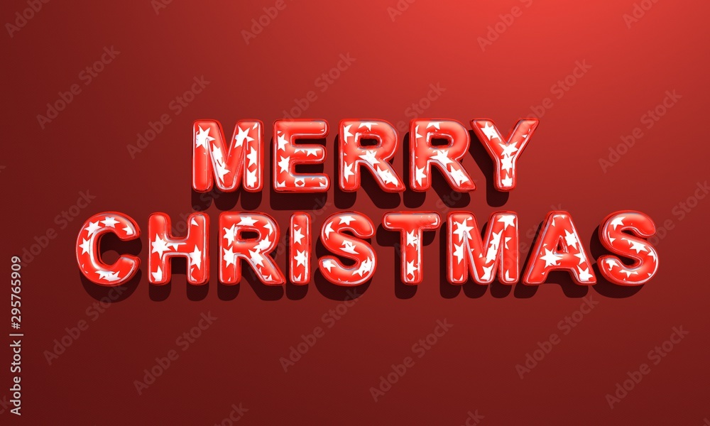 Merry Christmas . Festive illustration of 3D letters of colored red glass with silver stars inside on a red gradient background. Realistic 3d sign.