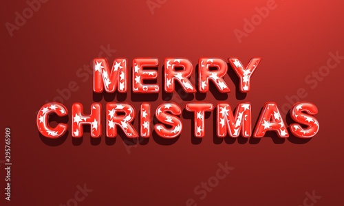 Merry Christmas . Festive illustration of 3D letters of colored red glass with silver stars inside on a red gradient background. Realistic 3d sign.
