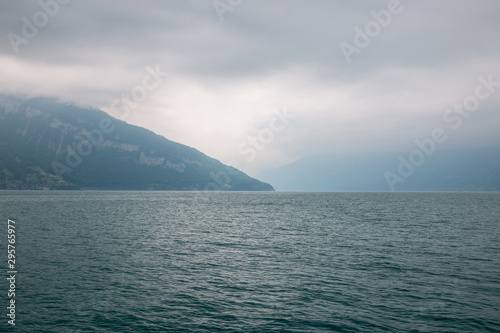 View on lake Thun and mountains from ship in city Spiez  Switzerland