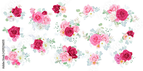 Set of cute rose bouquets for decor invitations and greeting cards