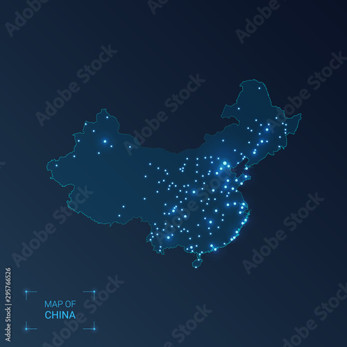 China map with cities. Luminous dots - neon lights on dark background. Vector illustration.