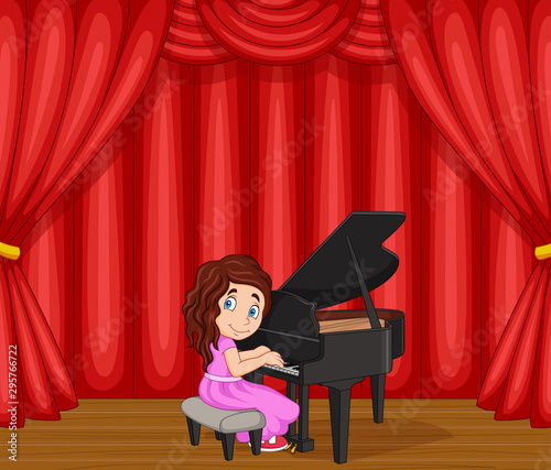 Cartoon girl performing piano on the stage