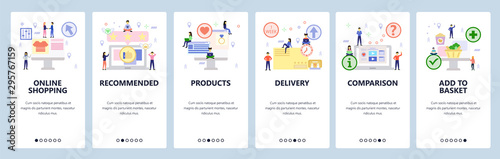 Mobile app onboarding screens. Online shopping, buy grocery on internet, fast delivery. Menu vector banner template for website and mobile development. Web site design flat illustration