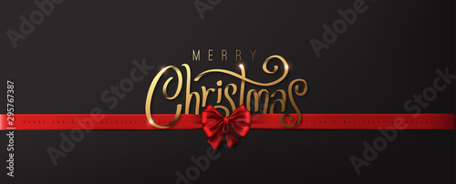 Calligraphic Merry christmas golden texture and realistic ribbon red luxury. Advertising Poster design.logo golden color on dark background.Vector illustration.