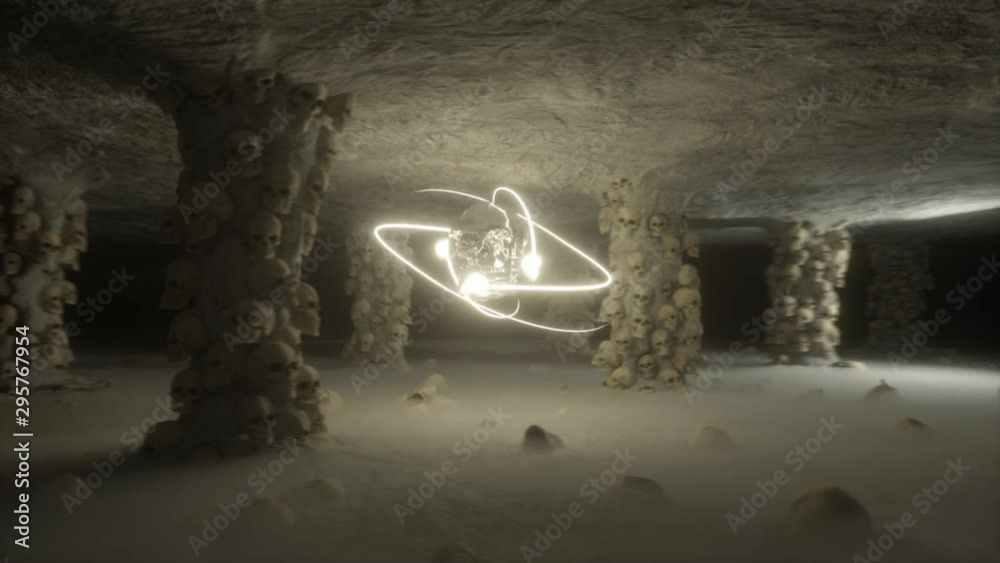 Horrific halloween dark cave vj loop with pillar filled with skull, skulls on foggy floor and animated skull master in center with glowing light. Circular camera move.