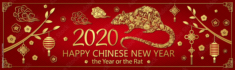 Fototapeta premium Chinese new year 2020 card with gold rat zodiac and abstract flower texture on red background. Winter holidays. Horizontal banner. Design for poster, invitation, card, banner, flyer. In flat style.