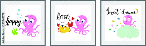 Cute octopus set of posters for nursery baby room decoration Childish style Perfect for fabric print logo sign cards banners Kids