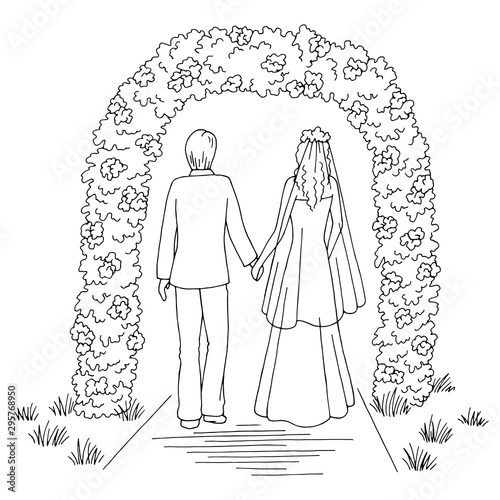 Wedding flower arch graphic black white landscape sketch illustration vector