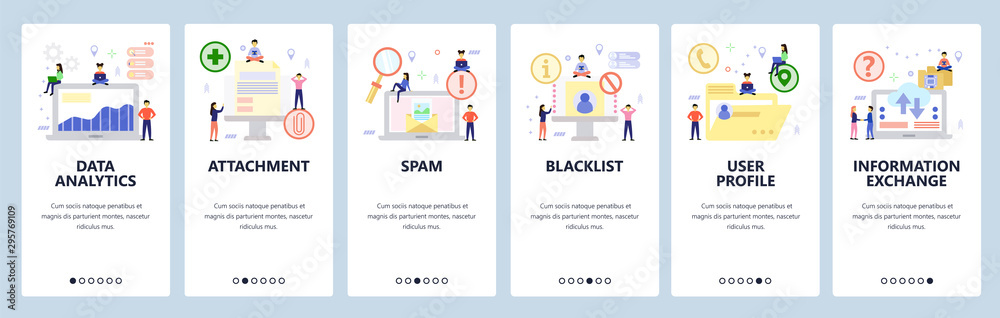 Mobile app onboarding screens. Data analytics and computer technology, email, spam, blacklist. Menu vector banner template for website and mobile development. Web site design flat illustration Mobile app onboarding screens. Data analytics and computer technology, email, spam, blacklist. Menu vector banner template for website and mobile development. Web site design flat illustration