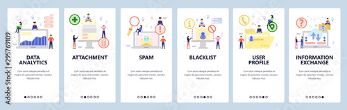 Mobile app onboarding screens. Data analytics and computer technology, email, spam, blacklist. Menu vector banner template for website and mobile development. Web site design flat illustration