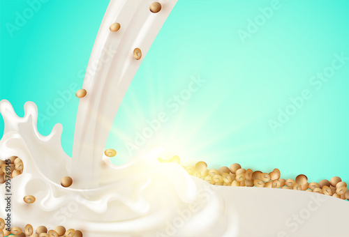Soy Milk Banner, splash Natural Diet Drink of Whole Soy Beans , Source of Protein and Vitamin,Lactose Free, Package Design, Realistic 3d Vector Illustration , Advertising Poster