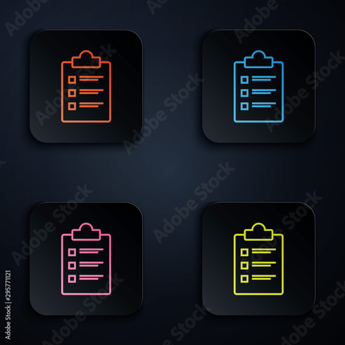 Color neon line Clipboard with checklist icon isolated on white background. Control list symbol. Survey poll or questionnaire feedback form. Set icons in colorful square buttons. Vector Illustration