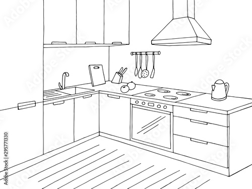 Kitchen room graphic black white home interior sketch illustration vector