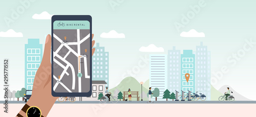 Bike sharing or rental concept. City Eco transportation banner. Bicycle rental spot with geo tag. Online bicycle rent service app. Flat vector illustration for banner, web, mobile app, flyer, poster.
