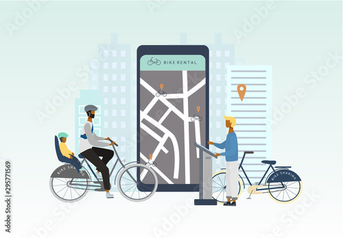 Bike sharing or rental concept. Eco transportation. Man with kid on  bicycle at the bike rental spot. Online bicycle rent service on big smartphone.vector  for banner, web, mobile app, flyer, poster.
