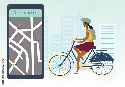 Bike sharing or rental concept. Woman on bicycle riding in the city. Online bicycle rent service on a big smartphone. Flat vector illustration for banner, web, mobile app, flyer, poster