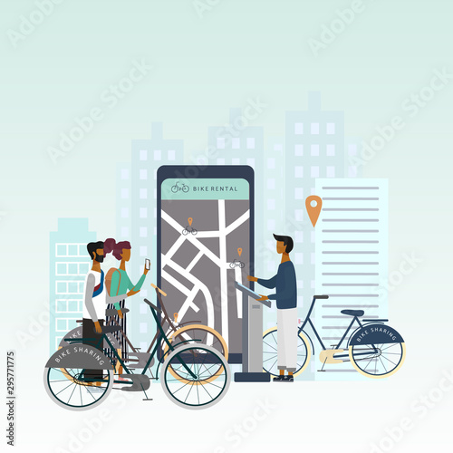 Bike sharing or rental concept . Woman and men with bicycle at the bike rental spot. Online bicycle rent service on a big smartphone. Flat vector illustration for banner, web, mobile app, poster.