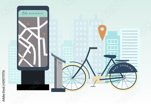 Bike sharing or rental concept. Online bicycle rent service app. Bicycle on rental spot . Flat vector illustration for banner, web, mobile app, flyer, poster.
