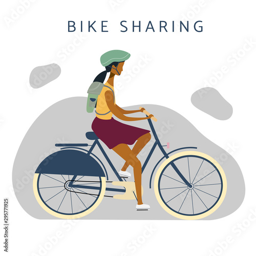 Bike sharing or rental illustration. Woman on bicycle riding. Online bicycle rent service concept. Flat vector for banner, web, mobile app, flyer, poster.