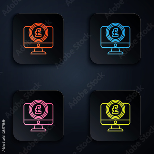 Color neon line Computer monitor with pound sterling symbol icon on black background. Online shopping concept. Earnings in the Internet. Set icons in colorful square buttons. Vector Illustration