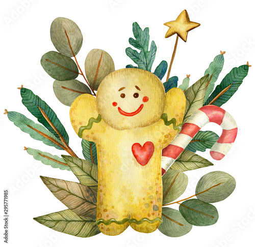 Watercolor hand drawn sketch Christmas cookie gingerbread man. Isolated illustration on white background