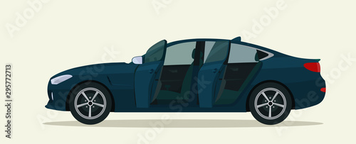 Sedan car with open doors. Vector flat style illustration.