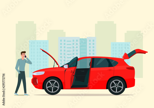 Damaged CUV car with an open hood and a young man. Vector flat style illustration.