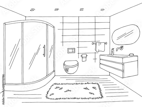 Bathroom graphic home interior black white sketch illustration vector