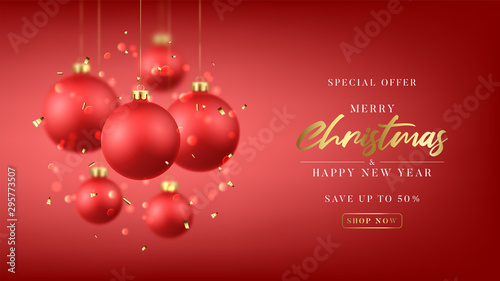 Christmas and New Year sale background. Special discount offer. Holiday vector illustration with realistic red Christmas balls, confetti and bokeh with blur effect on red background.