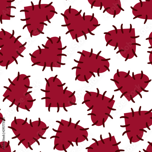 Seamless Halloween pattern with voodoo hearts - red hearts with stitches, isolated on white, voodoo symbols. Design for greeting card, gift box, wallpaper, fabric, web design.