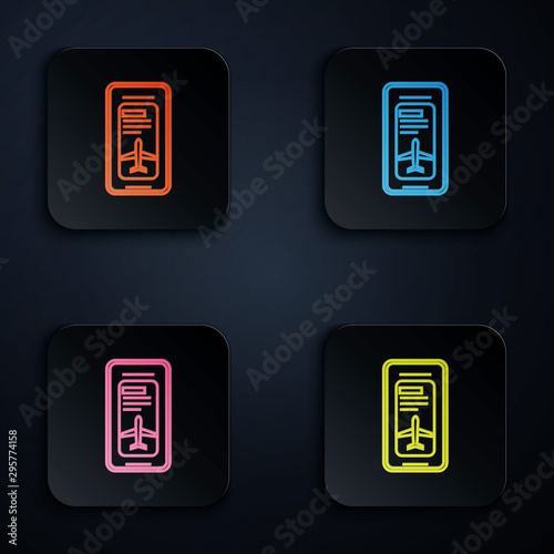 Color neon line Smartphone with electronic boarding pass airline ticket icon on white background. Passenger plane mobile ticket for web and app. Set icons in colorful buttons. Vector Illustration